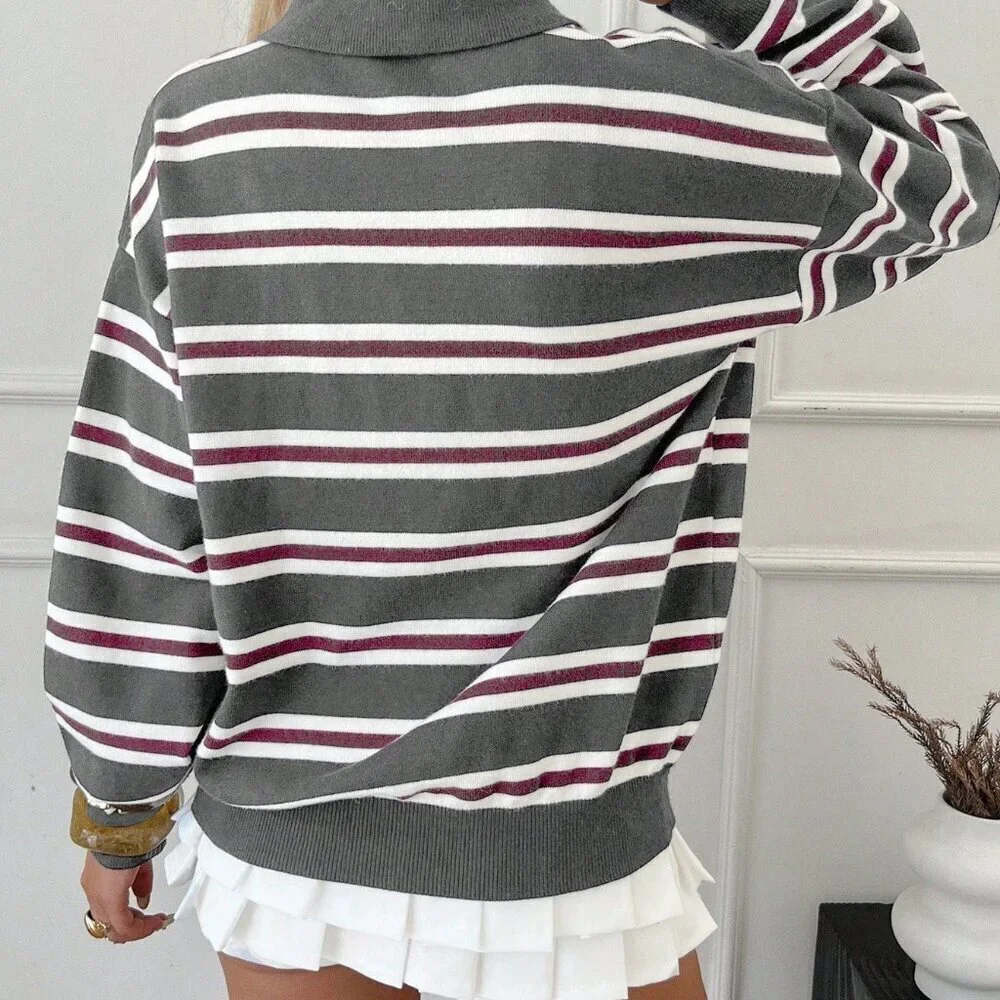 Dark Grey Women's Striped collar knit Sweater top